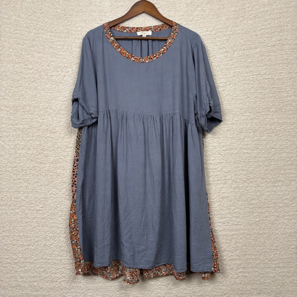 Umgee‎ Dress 2XL Blue Chambray Floral Animal Tiered Linen Blend